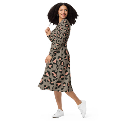 All - over print long sleeve midi dress - ModaMix